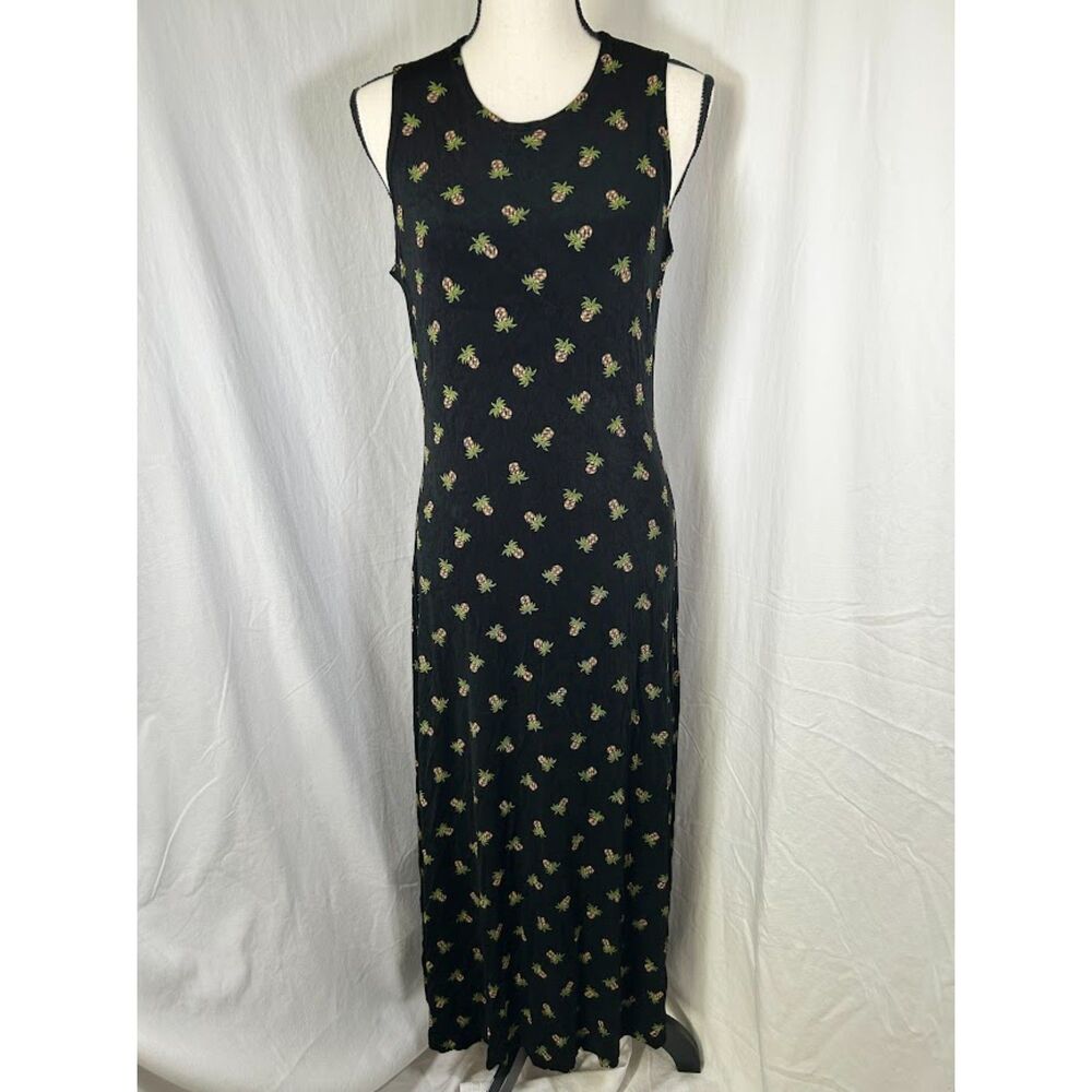 Vintage Pineapple Print Coldwater Creek black stretch Maxi Dress USA Made Sz M